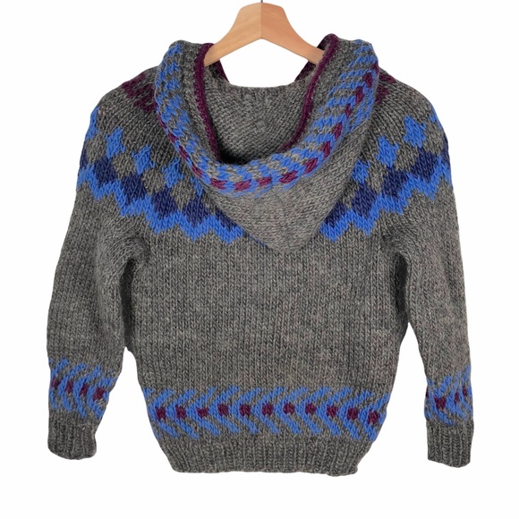 Women's Hand Knit Chunky Heavy Weight Fairisle Hooded Sweater Gray Blue … - Picture 2 of 11